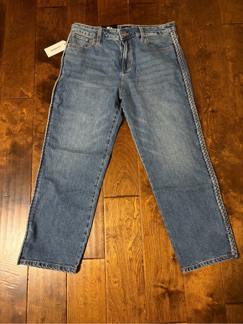 Express Women's Light Blue Straight Leg Jeans with Side Braid